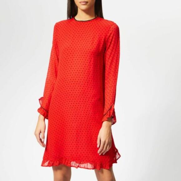 GANNI Mullin Georgette Dress in Red Black Polka Dot Print Ruffle Details Size 38 - Picture 1 of 12